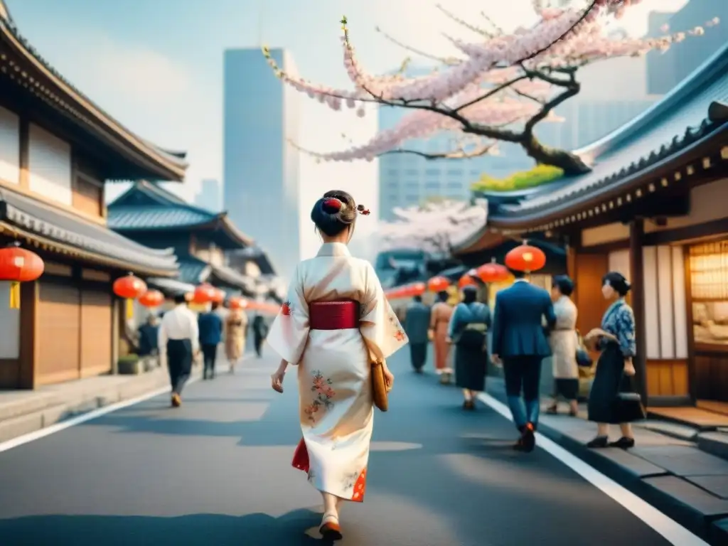 Tokio: fusión de tradición y modernidad Una escena callejera de Tokio: arquitectura tradicional, rascacielos modernos, cerezos en flor y personas vistiendo kimono y moda contemporánea