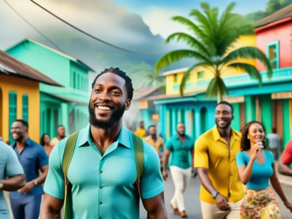 Una escena callejera vibrante en Jamaica con edificios coloridos, palmeras y lugareños bailando al ritmo del reggae