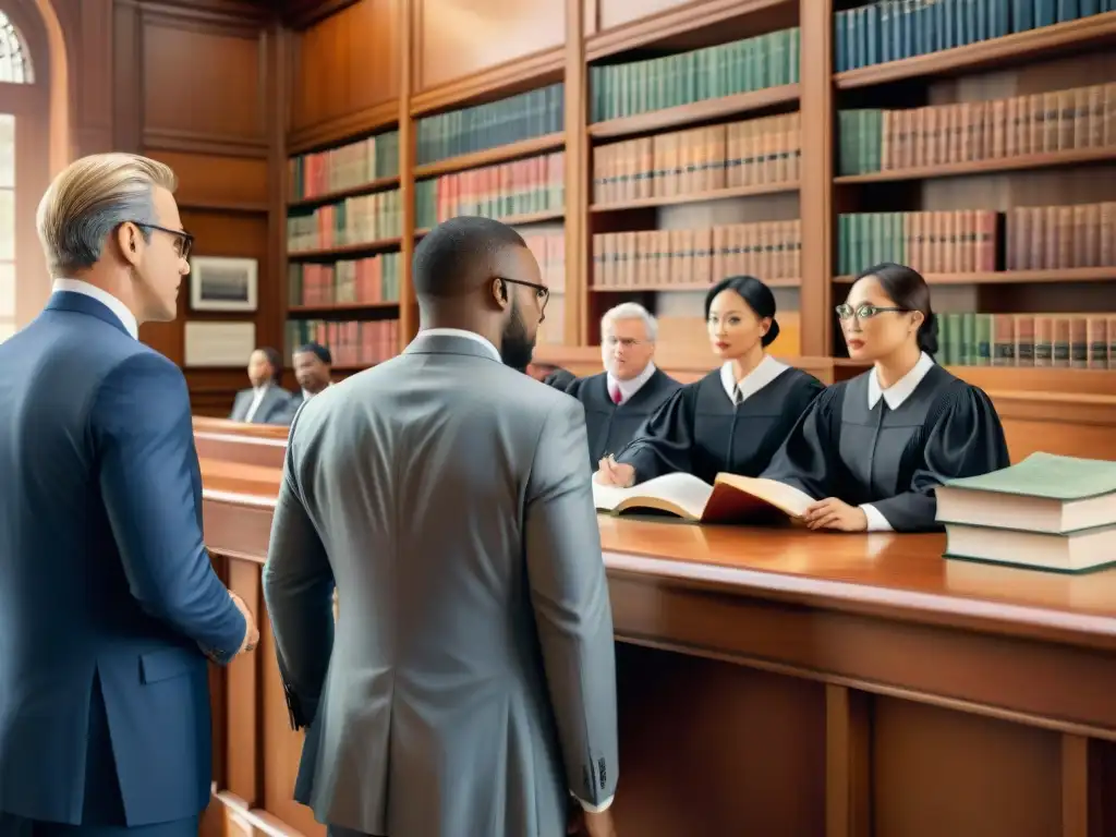 Una escena detallada de un tribunal con profesionales legales y una lingüista traduciendo textos legales