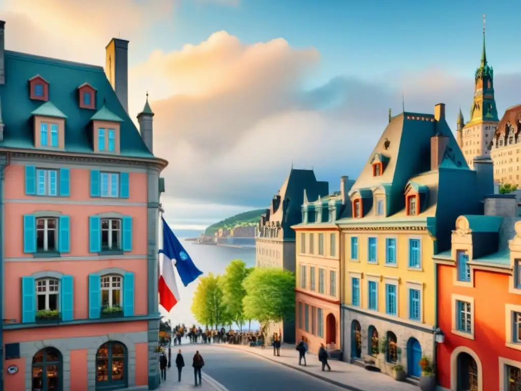 Escena encantadora de aprender francés en Quebec: calles animadas, escuelas de idiomas y la majestuosa Château Frontenac al fondo