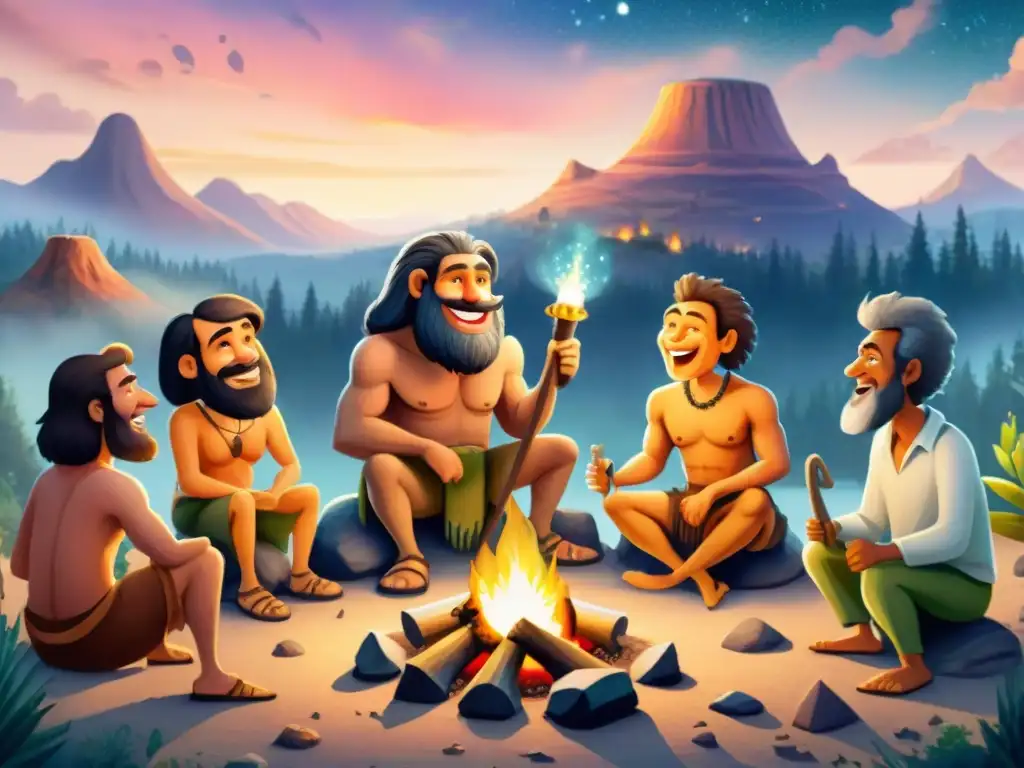 Viñeta prehistórica: caveman cuenta chistes alrededor del fuego Una escena humorística de la evolución del lenguaje y el humor entre humanos de diferentes eras alrededor de una fogata