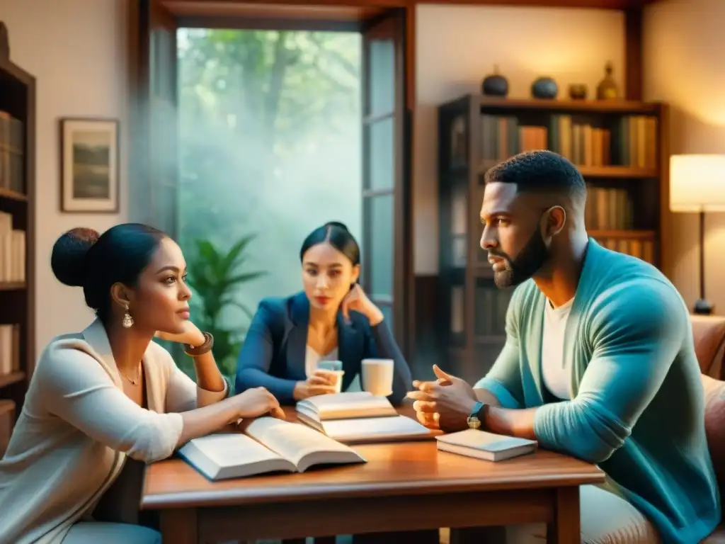 Una escena de intenso diálogo entre personas diversas en un estudio acogedor, iluminado cálidamente