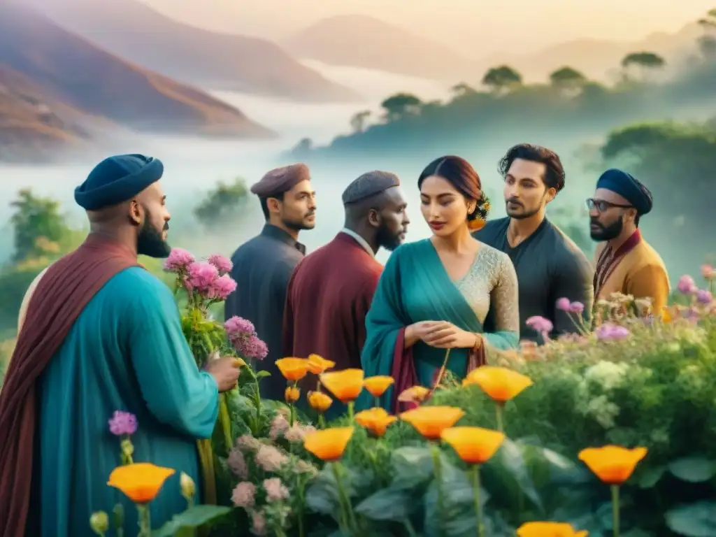 Poesía multilingüe: unidad y diversidad en acuarela Una escena mágica de poetas recitando en distintos idiomas minoritarios rodeados de flores y aves, transmitiendo unidad y creatividad