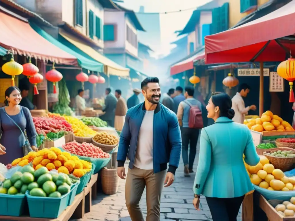 Una escena de mercado callejero animado con diversidad cultural y traducción de jerga coloquial innovadora