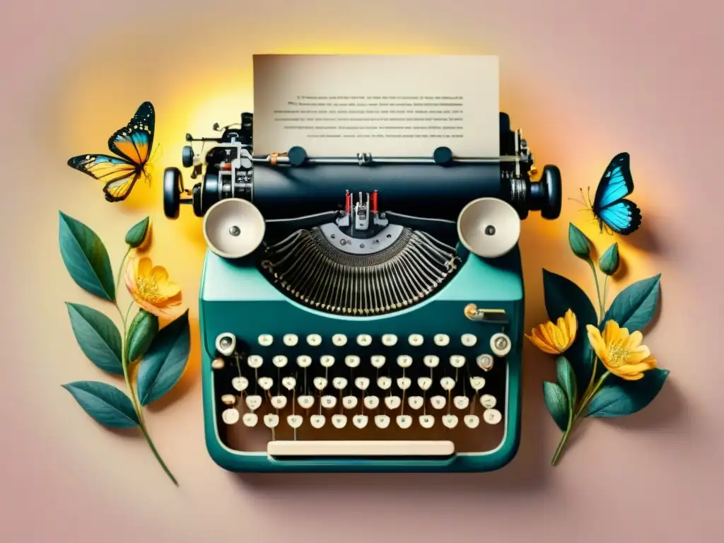 Una escena nostálgica de una máquina de escribir rodeada de flores y mariposas, simbolizando el proceso creativo de adaptar literatura a cine