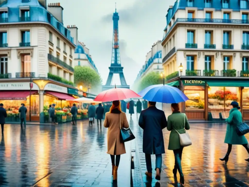 Una escena parisina lluviosa con la Torre Eiffel de fondo, cafés acogedores y parisinos elegantes con paraguas coloridos