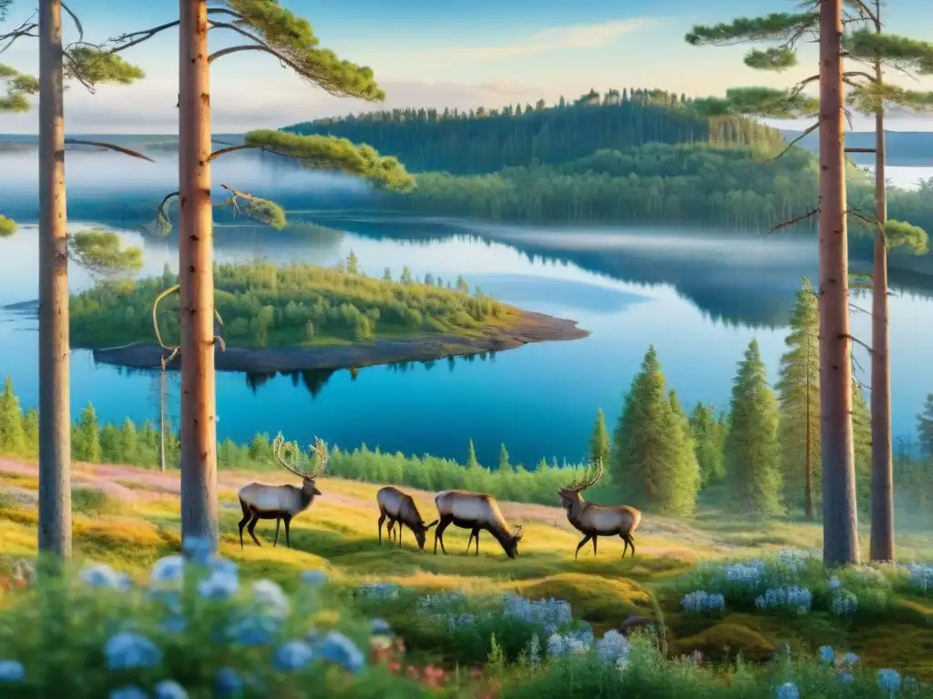 Escena serena en un bosque finlandés: pinos altos, lago tranquilo y renos pastando