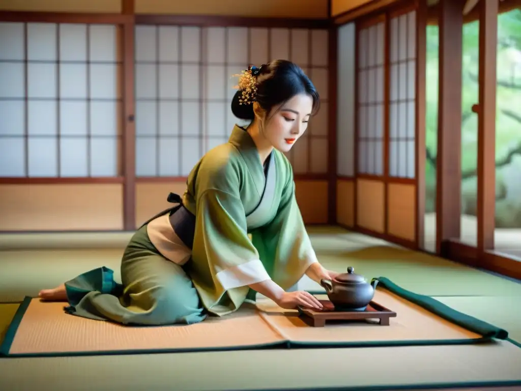 Arte japonesa: Ceremonia del té en tatami sereno Escena serena de ceremonia del té japonesa en tatami, resaltando la importancia del lenguaje en cultura japonesa