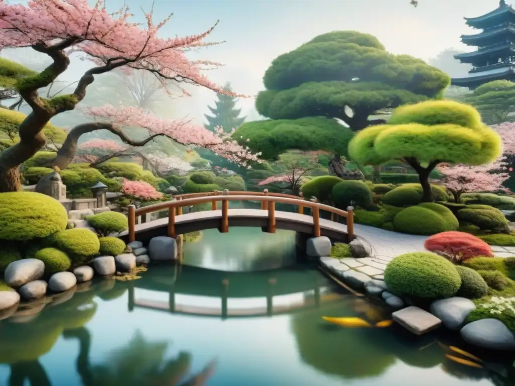 Escena serena de jardín japonés con cerezos en flor y puente de madera sobre estanque de carpas koi