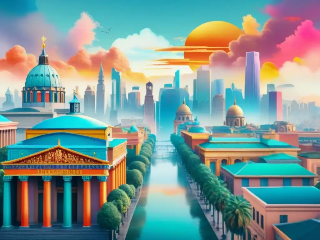 Escena urbana con presencia del latín en cultura pop: neón, graffiti y arquitectura romana moderna
