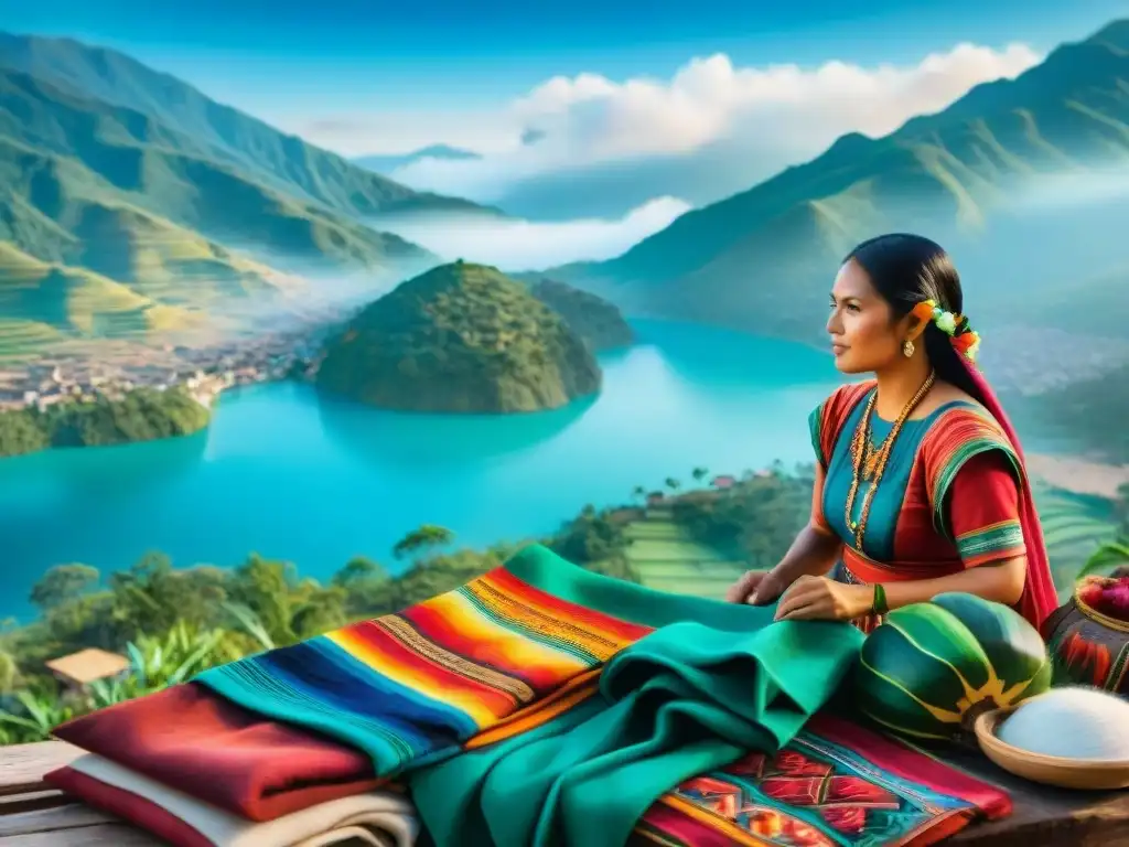 Escena vibrante en Chiapas con artesanos indígenas tejendo textiles, montañas verdes y cielo azul