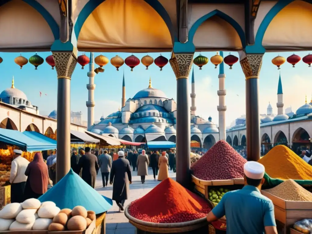 Escena vibrante de un bazar en Estambul con especias, textiles y cerámicas