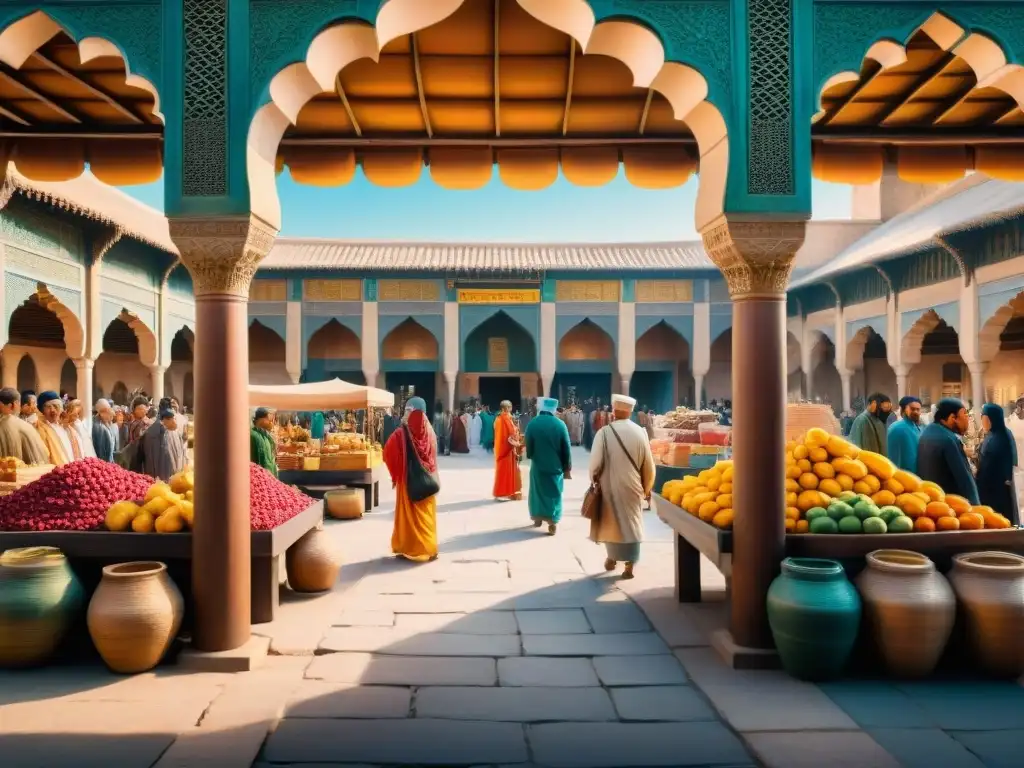 Escena vibrante en un mercado de la antigua Persia, reflejando préstamos lingüísticos persas en lenguas romanas