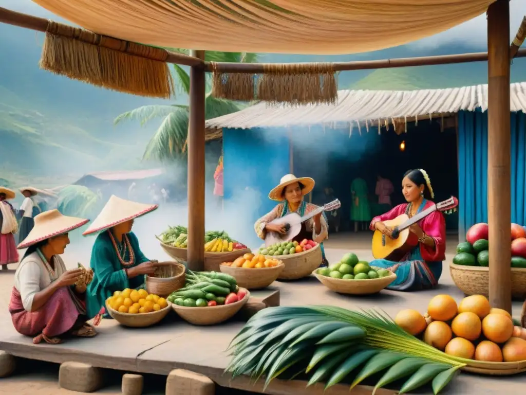 Escena vibrante de mercado huasteco con mujeres vendiendo frutas bajo palmera