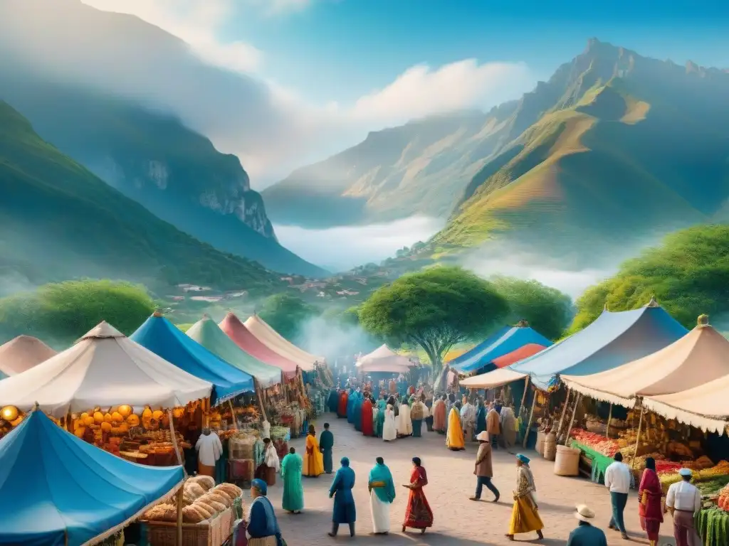 Mercado vibrante: intercambio cultural entre indígenas en escena colorida Escena vibrante de mercado con influencia de lenguas indígenas en español