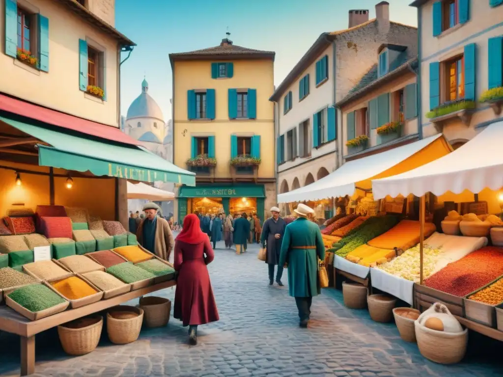 Escena vibrante en un mercado medieval francés, con comerciantes haggling sobre especias y textiles exóticos en una mezcla de idiomas