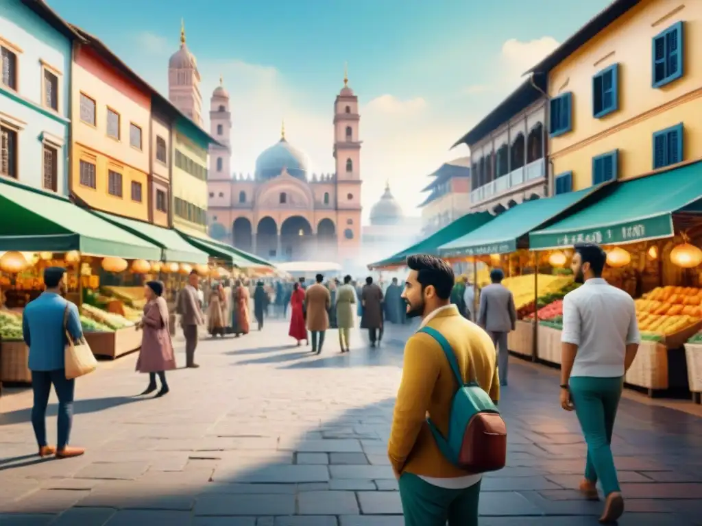 Una escena vibrante de un mercado en una plaza de ciudad, llena de riqueza lingüística y cultural dialectos