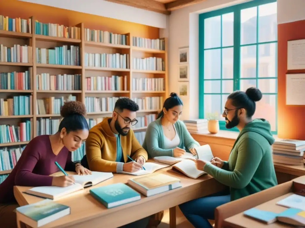 Una escena vibrante de talleres de escritura creativa en catalán, celebrando la diversidad lingüística y la expresión creativa