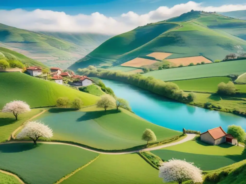 Escritor inspirado en paisaje vasco: armonía y creatividad Escritor inspirado bajo cerezo en paisaje vasco, rodeado de cuadernos y plumas