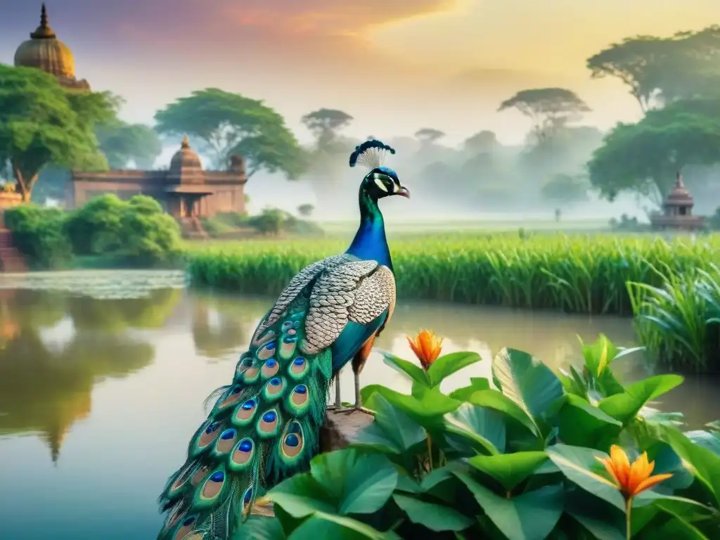 Inmersión en escrituras sánscritas: Pintura acuarela de un paisaje indio sereno con pavos reales vibrantes y un templo majestuoso al fondo