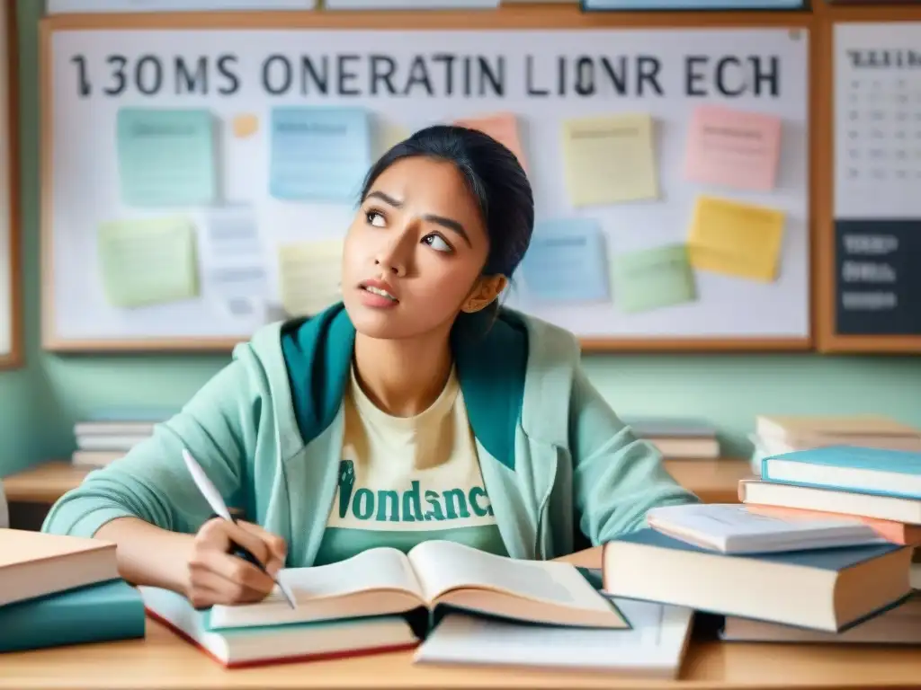 Estudiante abrumado por libros y apuntes, preparándose para examen de competencia lingüística