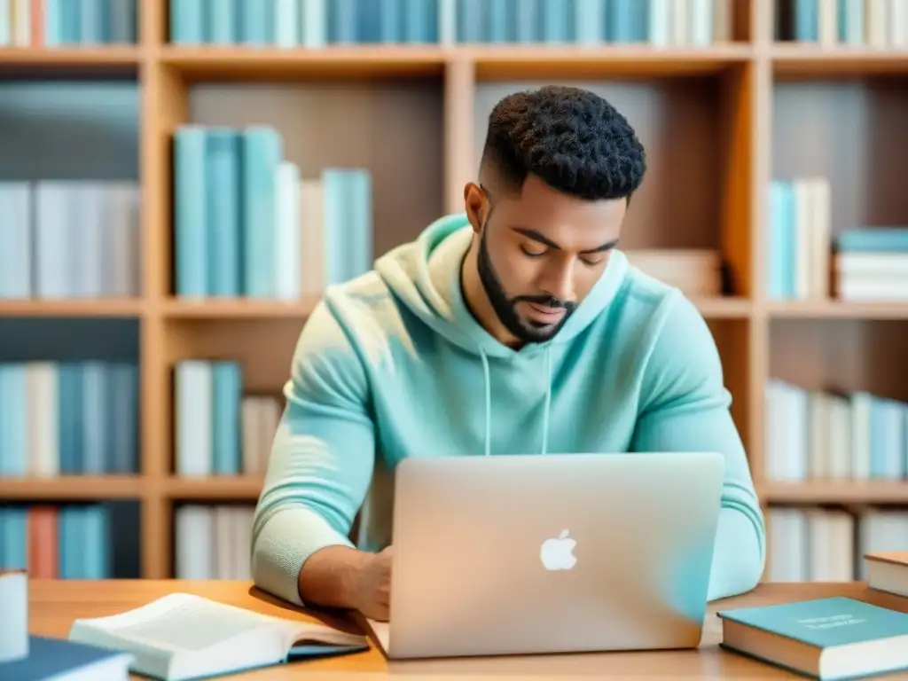 Un estudiante seguro realizando certificación en francés TEF online con libros, laptop y café