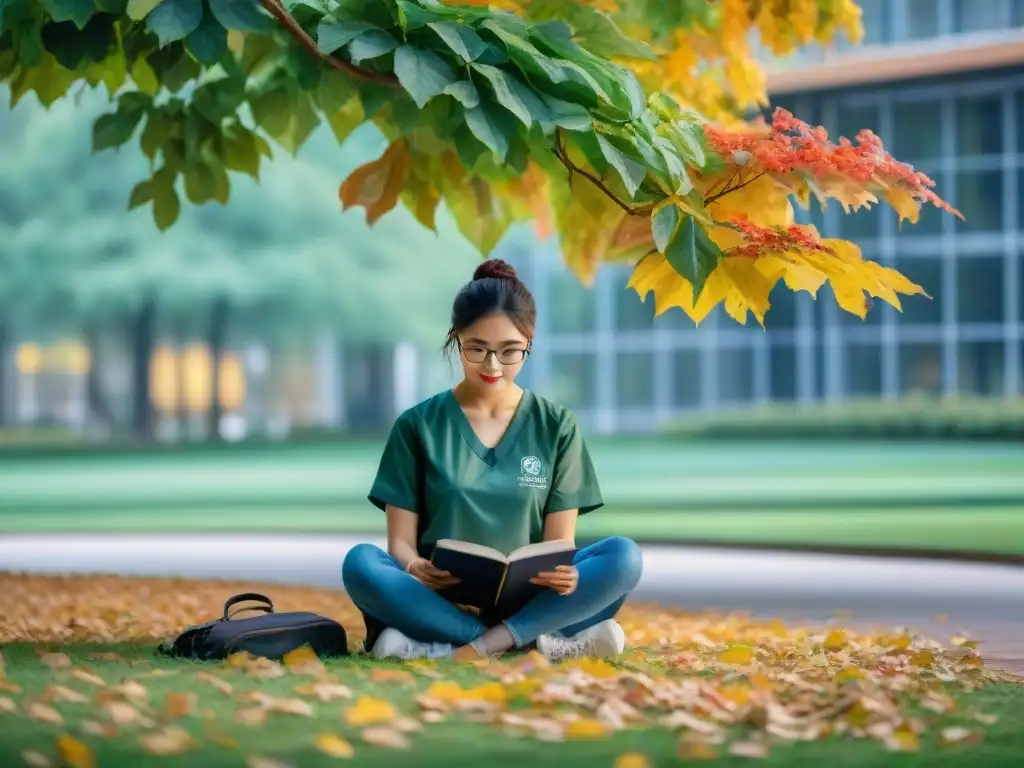 Estudiante concentrado bajo un árbol en campus universitario, hojas de otoño caen