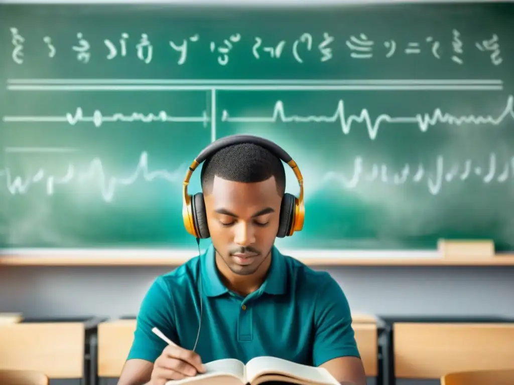 Un estudiante concentrado escuchando con auriculares, rodeado de notas musicales y ondas sonoras en un aula