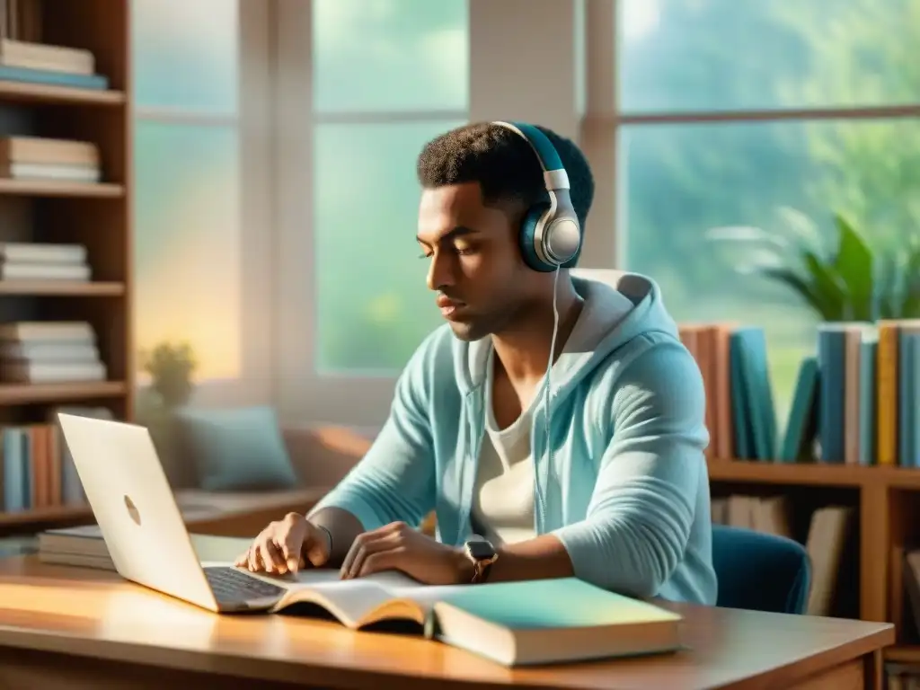 Estudiante concentrado escuchando consejos TOEFL para dominar idiomas en su laptop rodeado de libros y materiales de aprendizaje