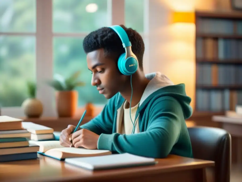 Estudiante concentrado escuchando estrategias para superar exámenes auditivos en ambiente acogedor