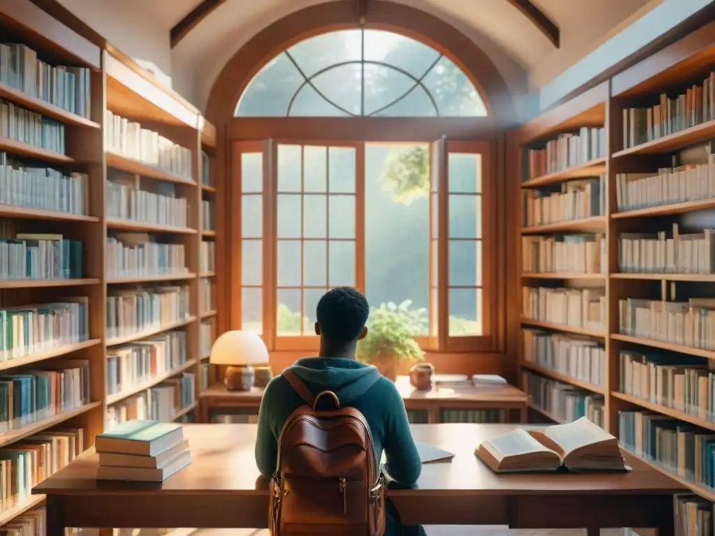 Estudiante concentrado preparándose para el examen DALF francés en biblioteca soleada