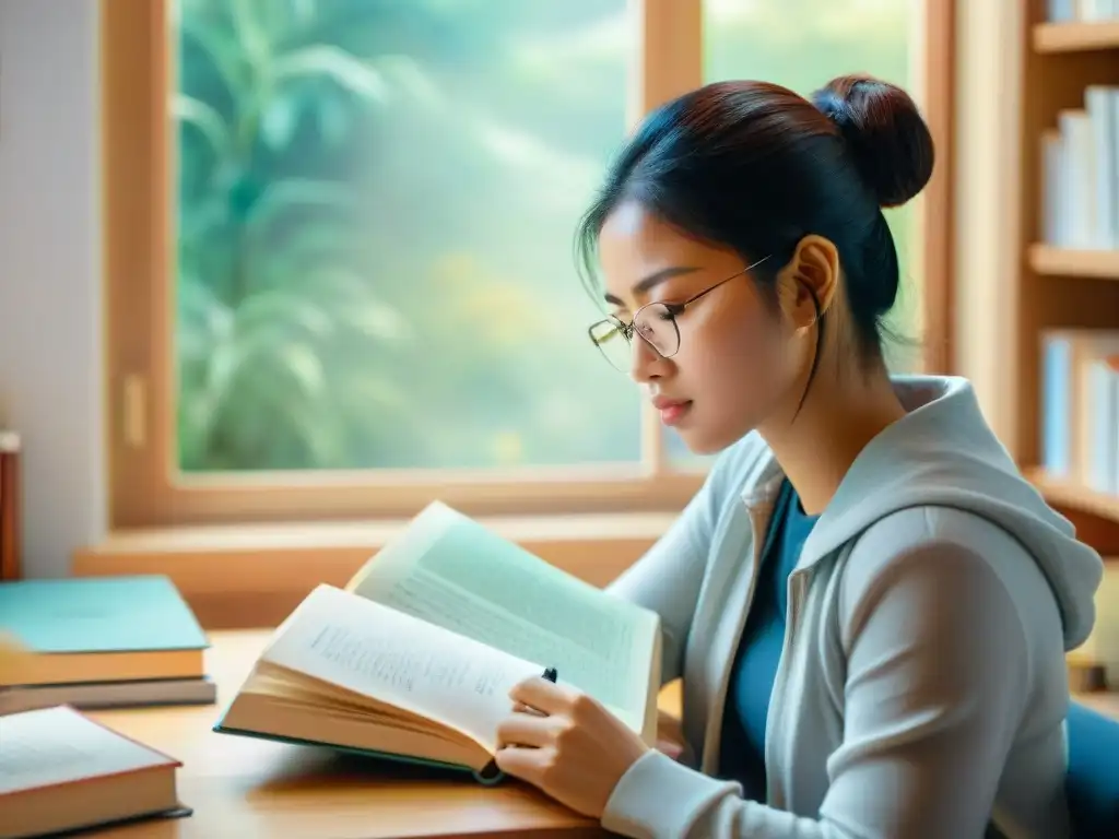 Estudiante concentrado preparando examen de idiomas en ambiente sereno con libros y lápices, Consejos examen idiomas preparación psicológica