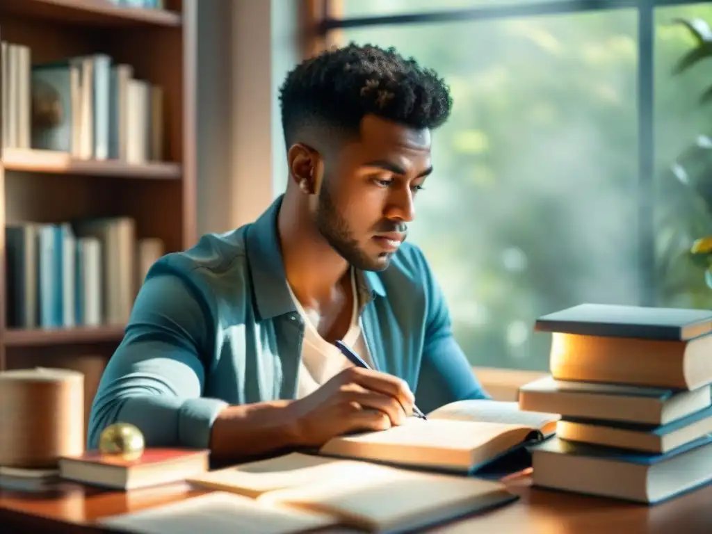 Estudiante concentrado preparándose para el examen TOEIC rodeado de libros y notas, mejora carrera con TOEIC