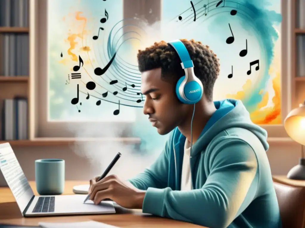 Estudiante concentrado tomando notas y escuchando con auriculares, rodeado de notas musicales y ondas de sonido