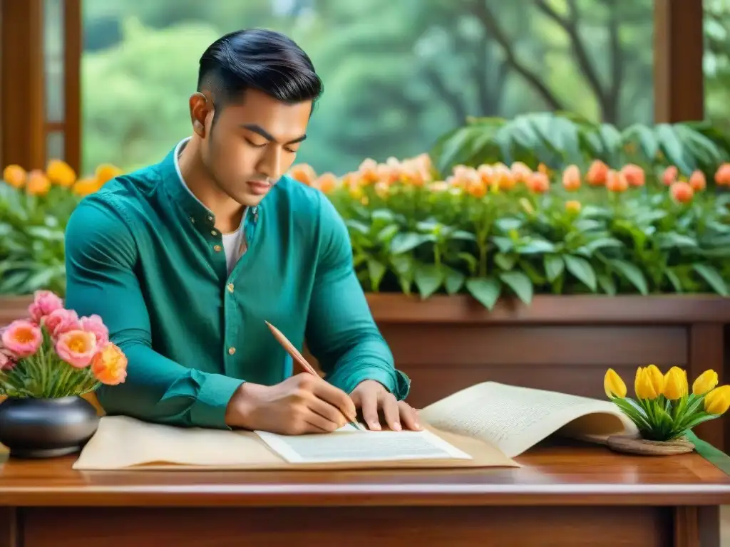 Estudiante concentrado rodeado de flores, escribiendo con pluma en papel pergamino