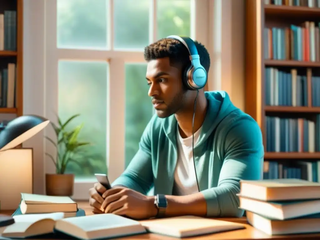 Estudiante concentrado escuchando, rodeado de libros y materiales de estudio, con expresión determinada