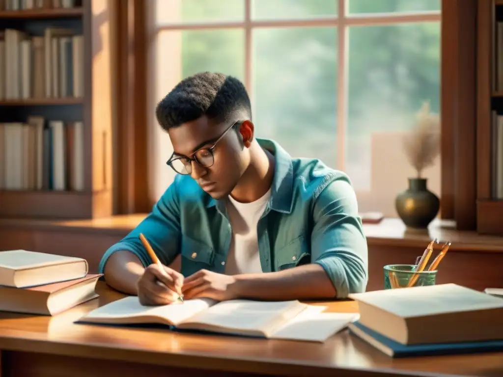 Un estudiante concentrado rodeado de libros y papeles, iluminado por la luz del sol