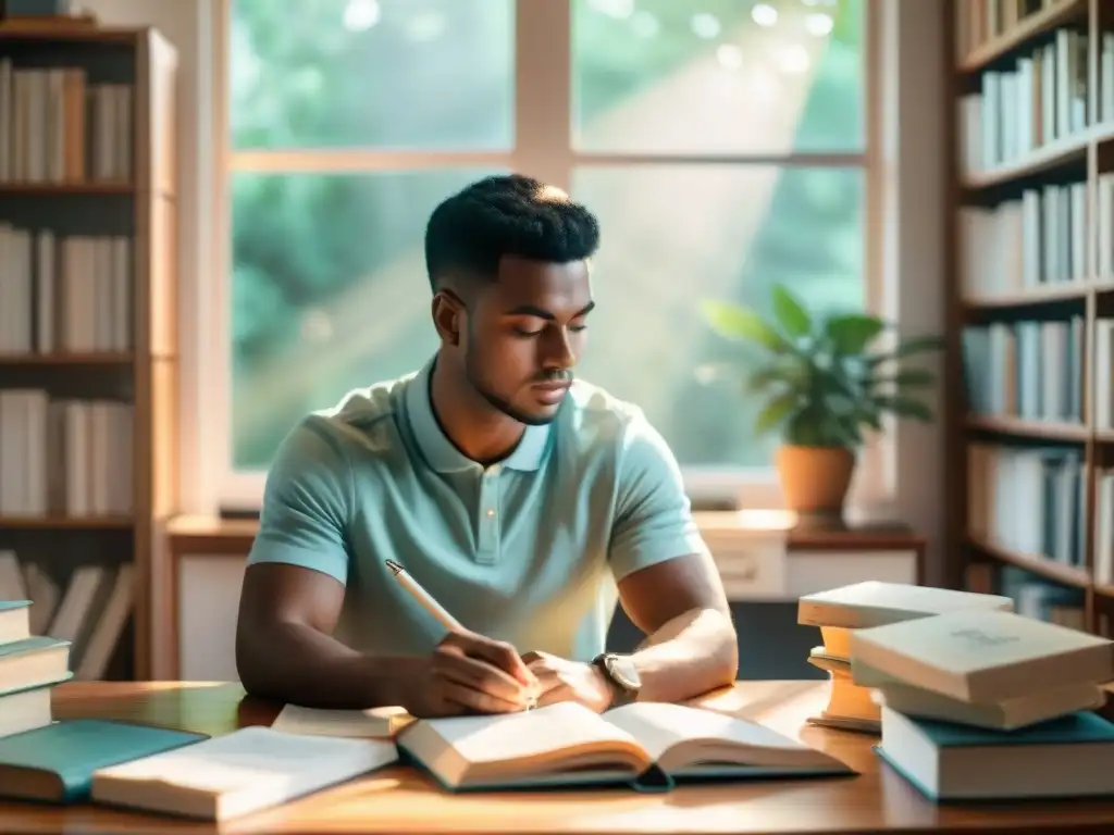 Un estudiante concentrado rodeado de libros, apuntes y una computadora, iluminado por suave luz solar