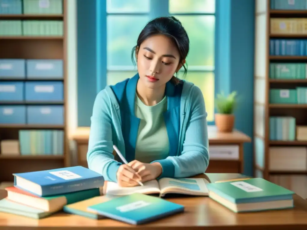 Estudiante concentrado rodeado de libros y tarjetas de idiomas