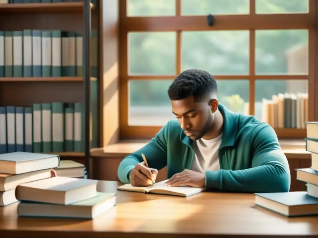 Un estudiante concentrado rodeado de libros, tomando té y tomando notas