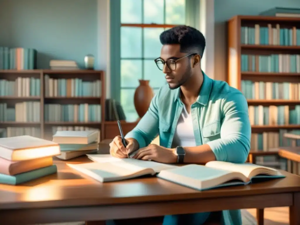 Estudiante concentrado rodeado de libros y apuntes, con una taza de café