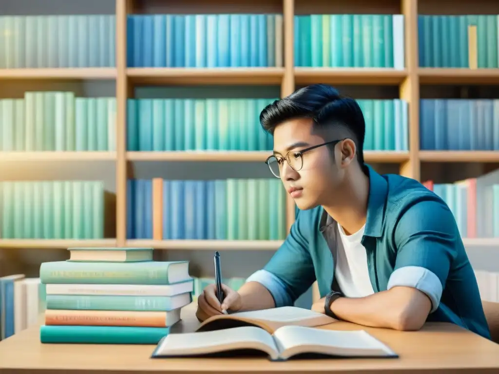 Un estudiante concentrado rodeado de libros en una biblioteca, simbolizando la búsqueda de conocimiento para el IELTS