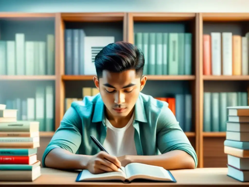 Estudiante concentrado rodeado de libros y papeles, preparándose para un examen lingüístico