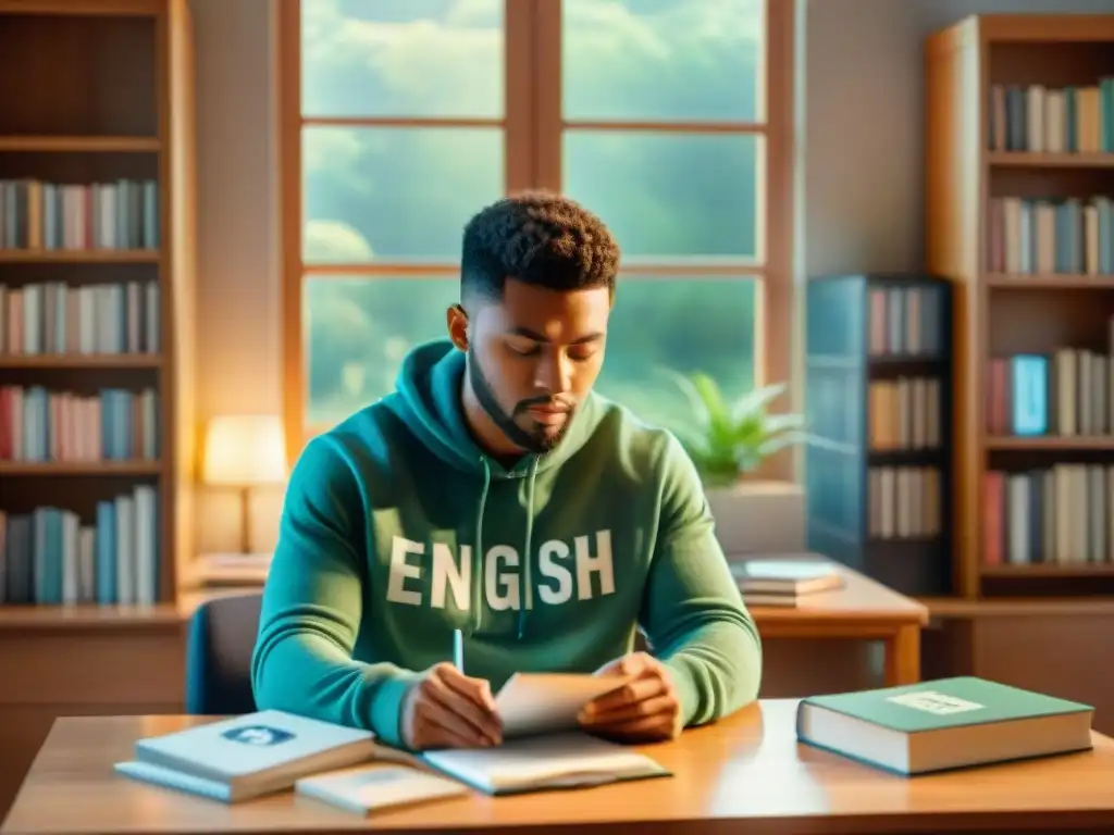 Estudiante concentrado practicando speaking inglés con libros y laptop