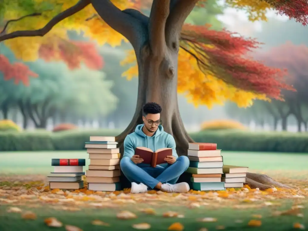 Un estudiante determinado estudia bajo un árbol en otoño, rodeado de libros y hojas que caen