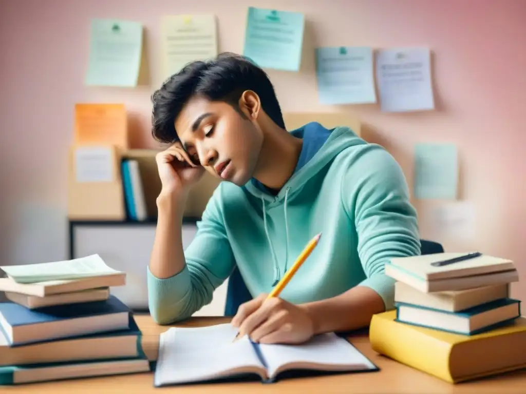 Estudiante nervioso en examen, rodeado de libros y notas, reflejando determinación y ansiedad