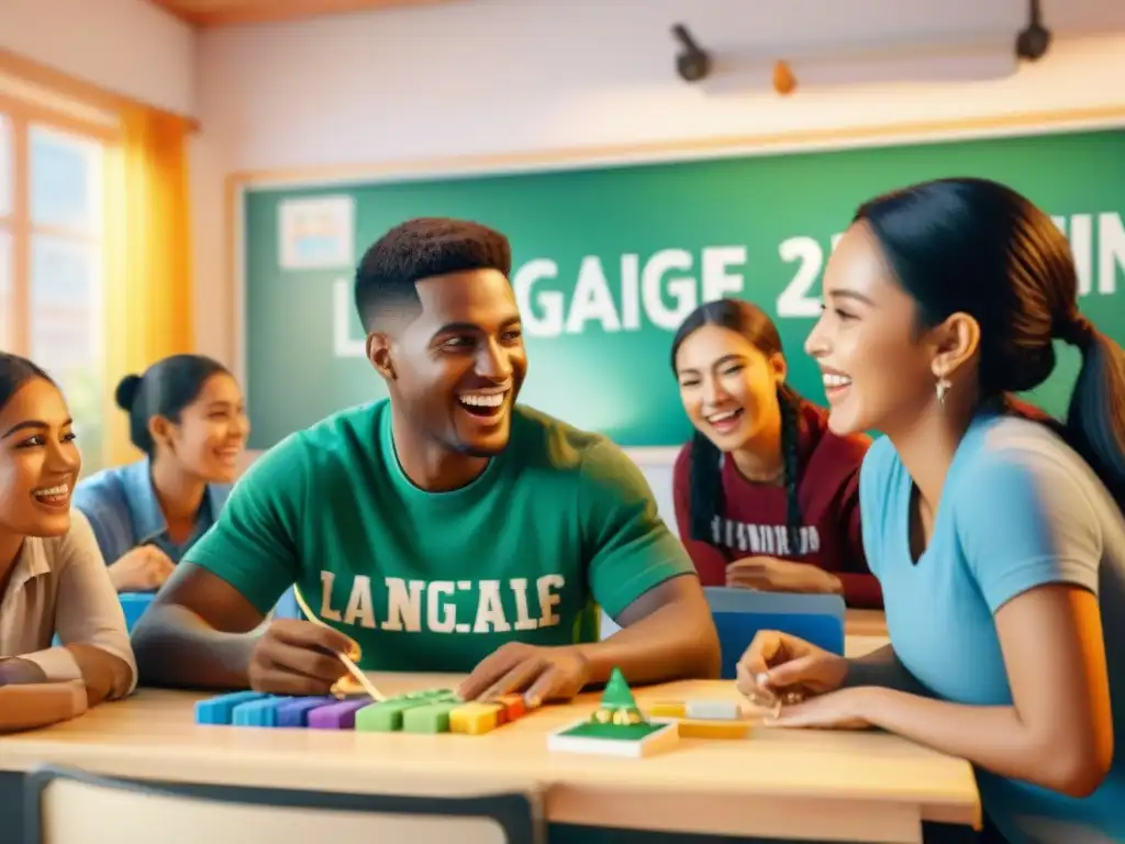 Diversos estudiantes disfrutan aprendizaje de idiomas con juegos en alegre aula colorida