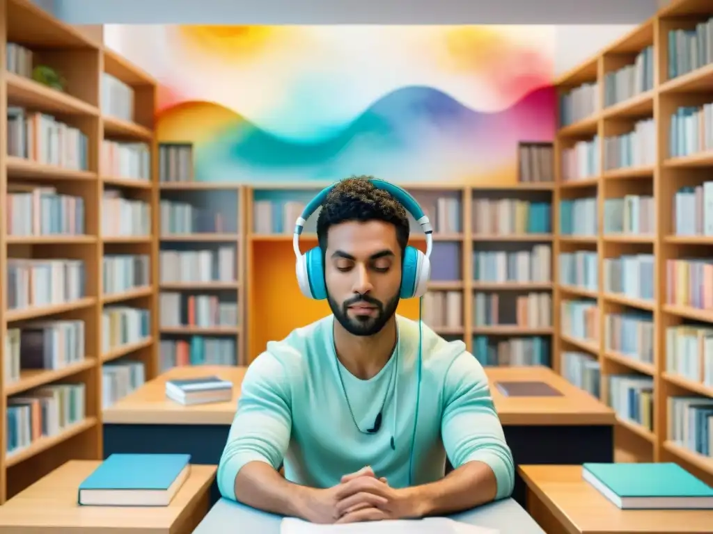 Estudiantes escuchando audiolibros en aula colorida