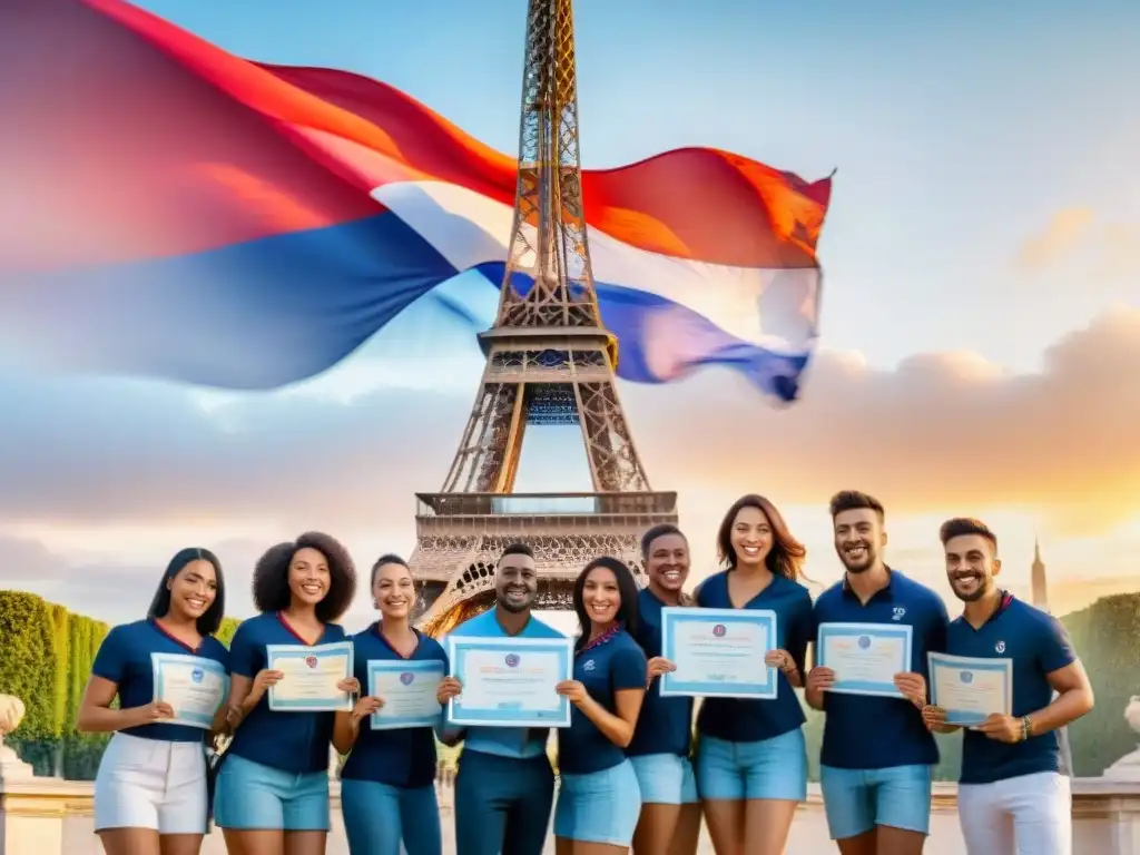 Estudiantes celebran con certificados TCF frente a la bandera francesa, bajo un cielo parisino al atardecer