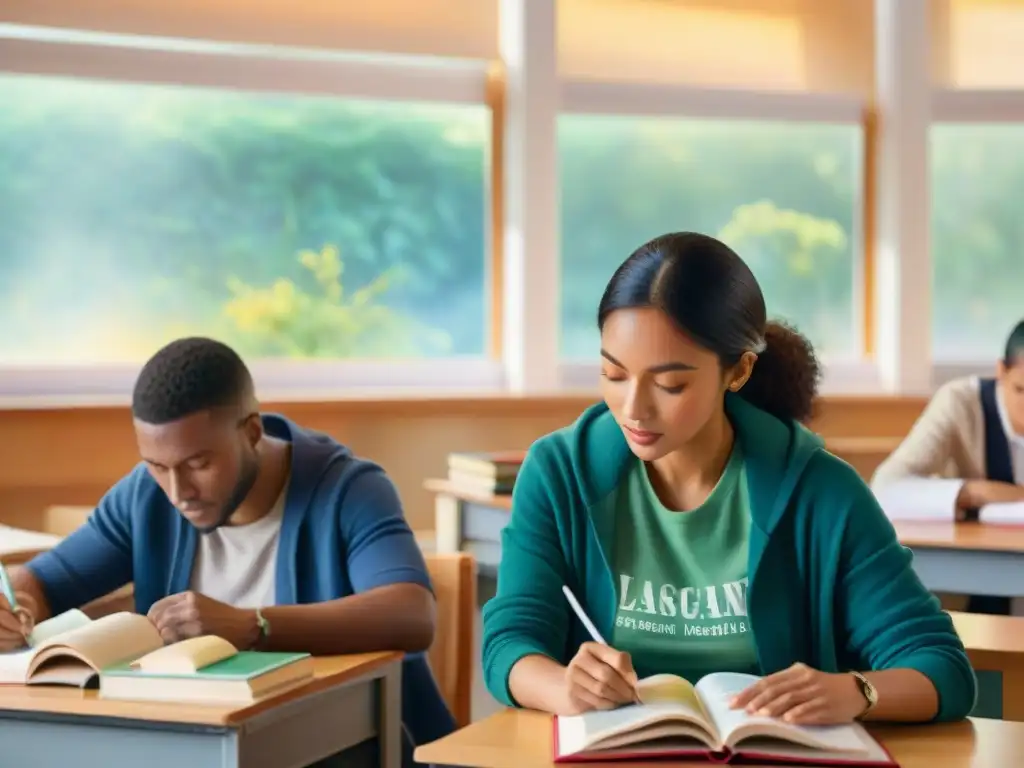 Estudiantes concentrados en aula de idiomas, Certificaciones idiomas puertas extranjero